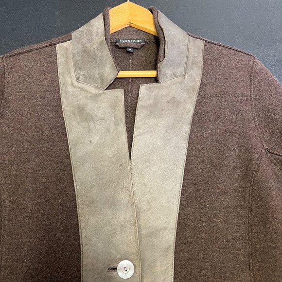 Eileen Fisher Womens Wool & Lamb Leather Blazer Jacket size Med Brown Suede Trim - Picture 3 of 10